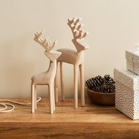 Christmas Wood Deer Figurines Set of 2, 9 & 10 Inch, Coffee Table & Shelf Minimalist Decor, Table Centerpieces for Dining Room Christmas Decorations