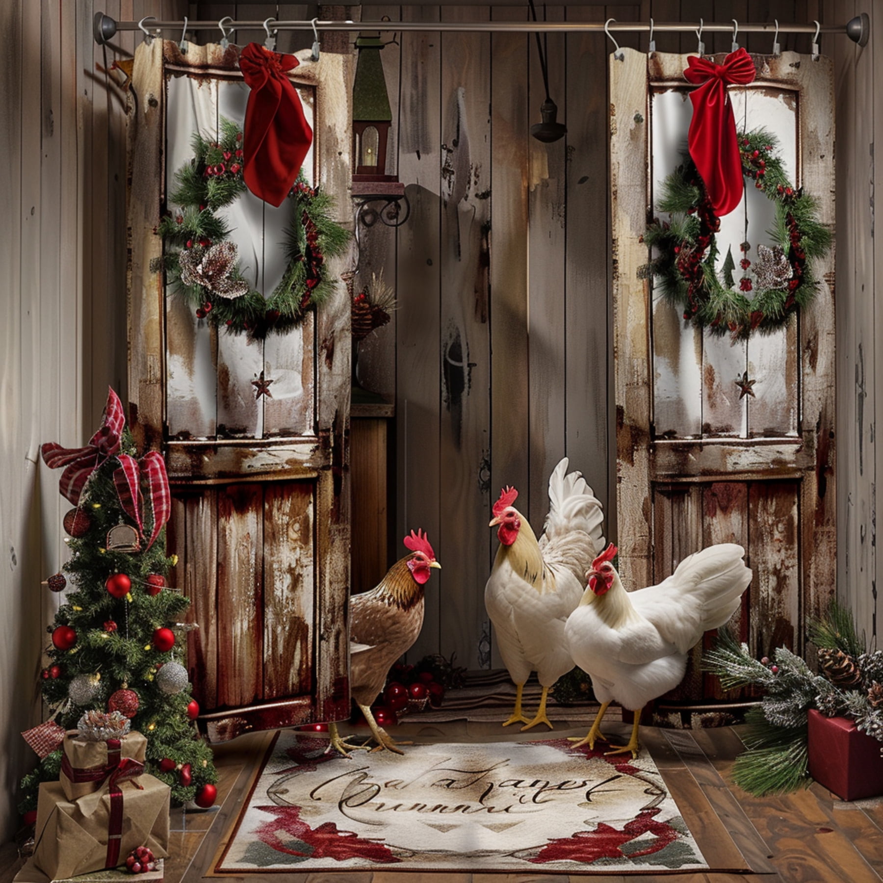 Christmas Wood Texture Bathroom Shower Curtain Festive Decor Santa