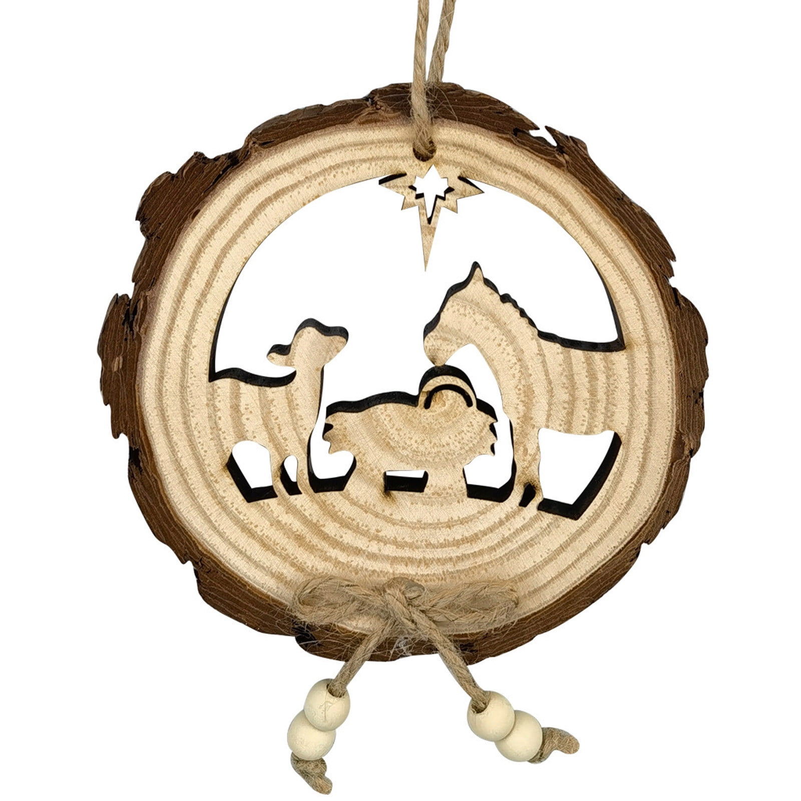 Christmas Wood With Leather, Wood Round Carved Pendants, Home Wooden