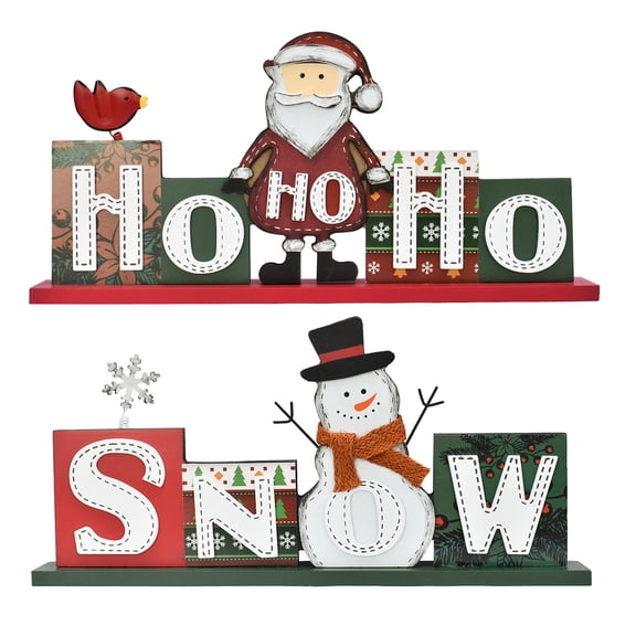 Christmas Wood Word Sign set of 2, Wood HOHOHO and SNOW Sign Decorative Freestanding Wood Sign with Santa and Snowman Decor for Christmas Home Decor