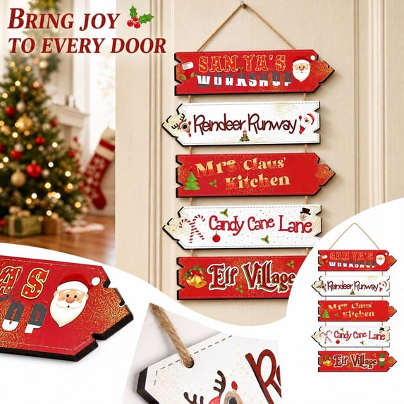 Christmas Wooden Arrow Sign Door Hanger, Santa's Workshop Reindeer Runway Elf Village Wall Hanging Plaque, Farmhouse Xmas Front Door Porch Wall Decor for Holiday Party Indoor Outdoor Home Decoration