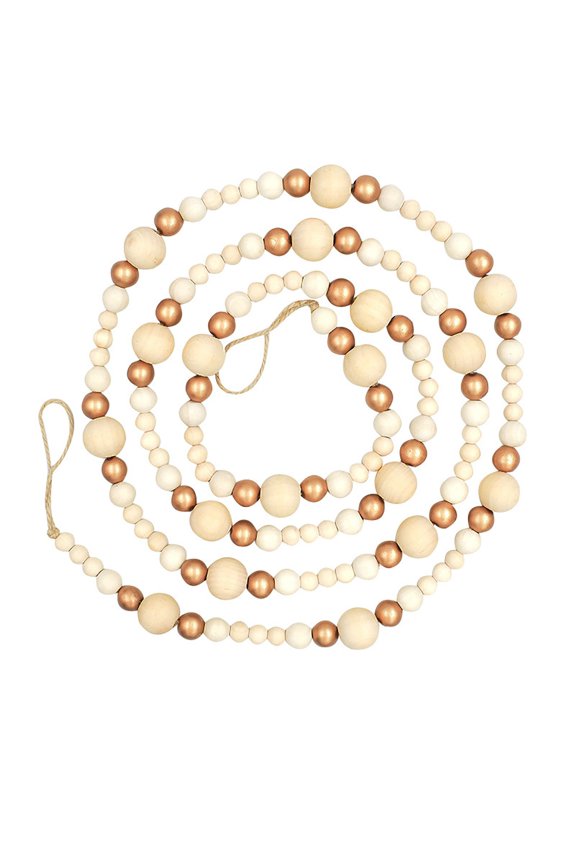 Christmas Wooden Bead Garland Xmas Wooden Tree Beads Rustic Decorative Christmas Tree Farmhouse Decor for Mantle Fireplace Staircase (Natural & Gold)