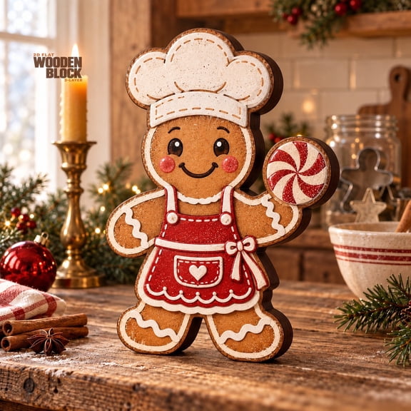Christmas Wooden Block 3-Layer Decor, Gingerbread Baker with Peppermint Cookie for Kitchen Display