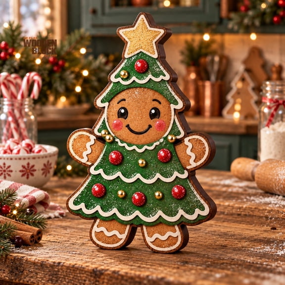Christmas Wooden Block 3-Layer Decor, Gingerbread Tree Character Tabletop Display for Holiday Hosts