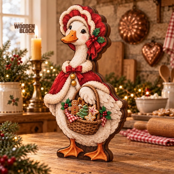Christmas Wooden Block 3-Layer Decor, Mrs. Claus Goose Tabletop Display for Holiday Hosts