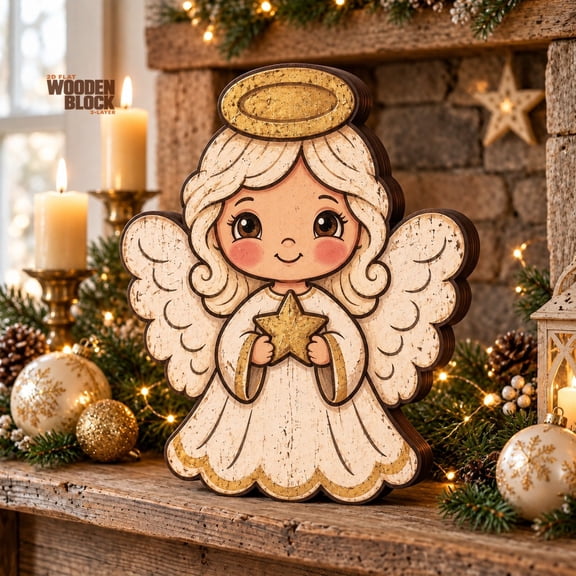 Christmas Wooden Block 3-Layer Decor, Sweet Angel with Golden Halo, White Wings and Star for Mantel Display
