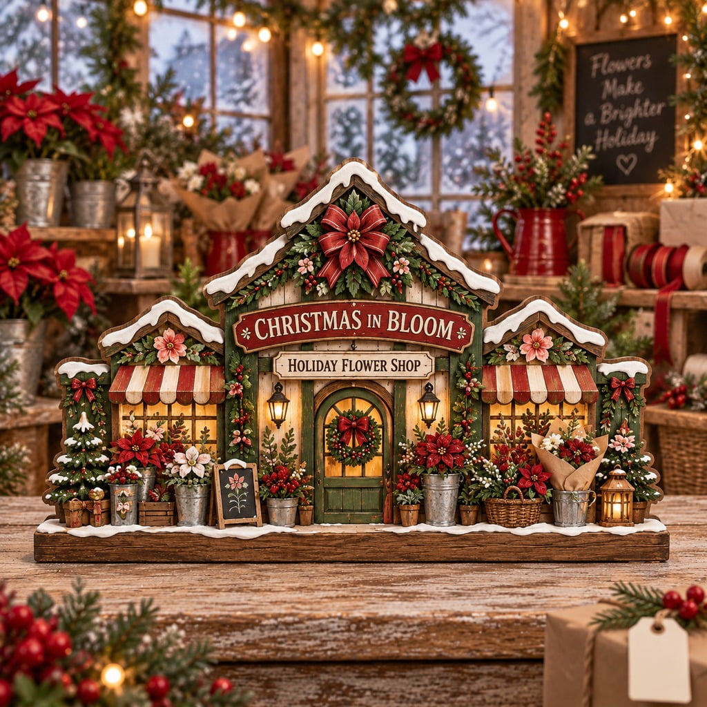 Christmas Wooden Block 3 Layer Holiday Flower Shop Tabletop Decor ...