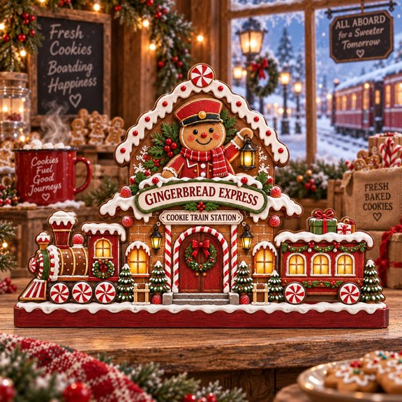 Christmas Wooden Block 3 Layer Tabletop Display Gingerbread Train Station