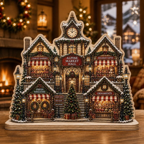 Christmas Wooden Block Alpine Christmas Village Wood Tabletop Display for Holiday Decorating