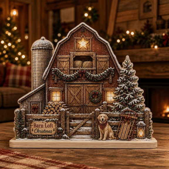 Christmas Wooden Block Barn Loft Scene Wood Tabletop Display for Rustic Holiday Decorating