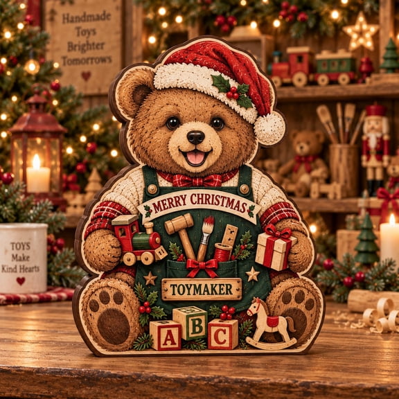 Christmas Wooden Block Bear Toymaker Tabletop Display for Holiday Gifting