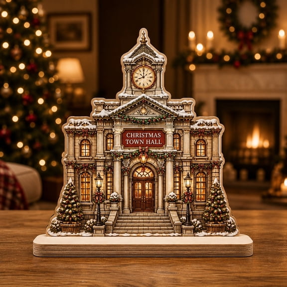 Christmas Wooden Block Christmas Town Hall Wood Tabletop Display for Holiday Mantel Shelf Decor