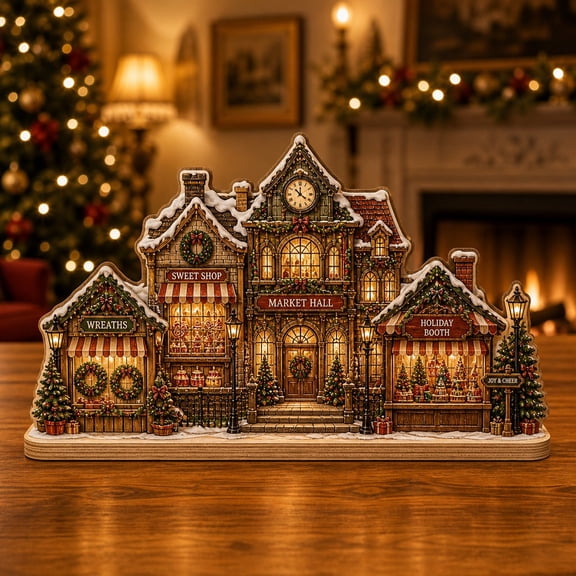 Christmas Wooden Block Christmas Village Marketplace Wood Tabletop Display for Holiday Mantel Shelf