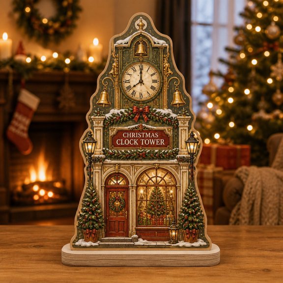 Christmas Wooden Block Clock Tower Wood Tabletop Display for Holiday Mantel Shelf Decor