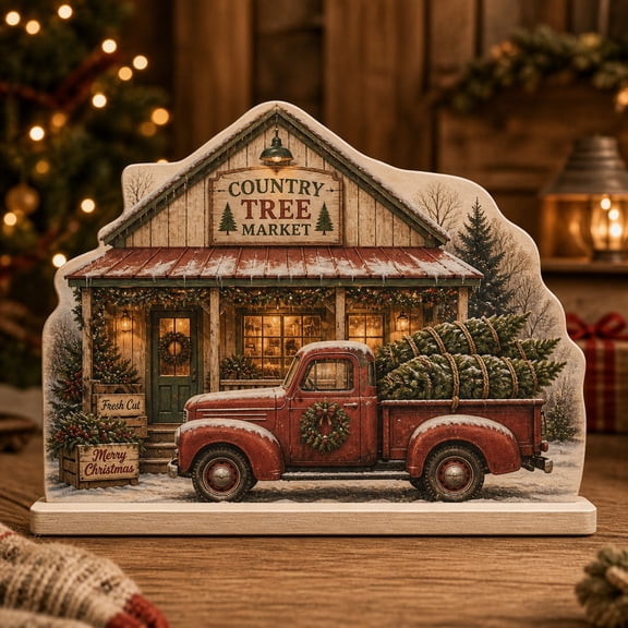 Christmas Wooden Block Country Tree Market Red Pickup Wooden Tabletop Display for Holiday Home