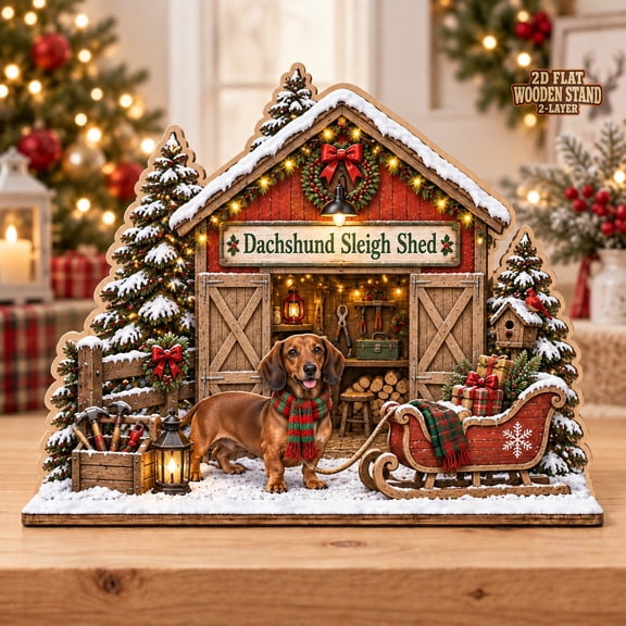 Christmas Wooden Block Dachshund Sleigh Shed Scene for Tabletop Display, Dog Lover Gift