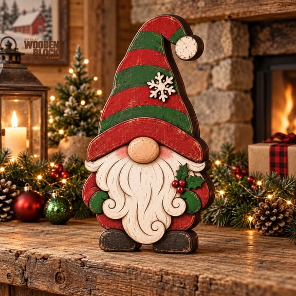 Christmas Wooden Block Decor, 3-Layer Bearded Gnome with Striped Hat, Festive Mantel Accent