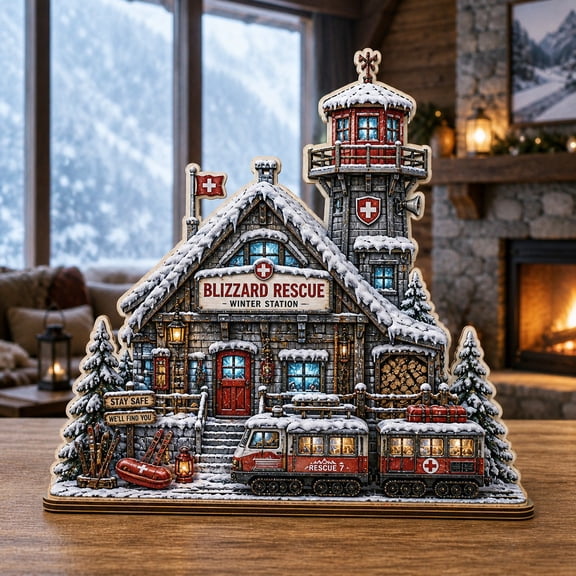 Christmas Wooden Block Decor Blizzard Rescue Cabin Wood Tabletop Display for Winter Holiday Gift Giving