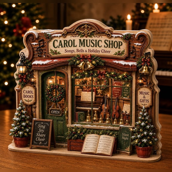 Christmas Wooden Block Decor Carol Music Shop Wood Tabletop Display for Mantel Shelf Holiday Gift