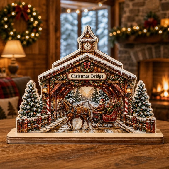 Christmas Wooden Block Decor Covered Bridge Sleigh Crossing Wood Tabletop Display for Holiday Homes