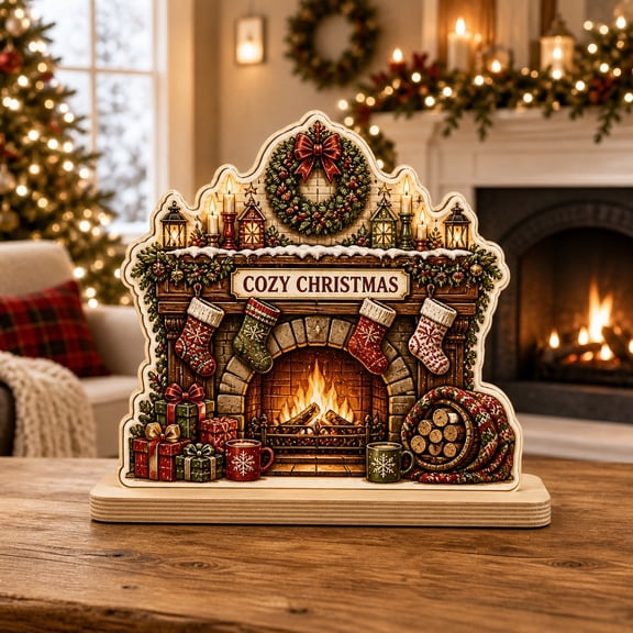 Christmas Wooden Block Decor Cozy Fireplace Wooden Mantel Tabletop Gift