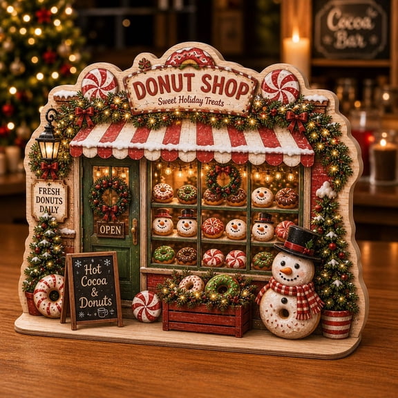 Christmas Wooden Block Decor Donut Shop Wood Tabletop Display Holiday Gift