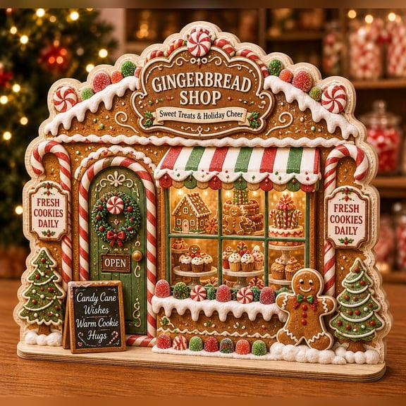 Christmas Wooden Block Decor Gingerbread Shop Wood Tabletop Display Holiday Gift
