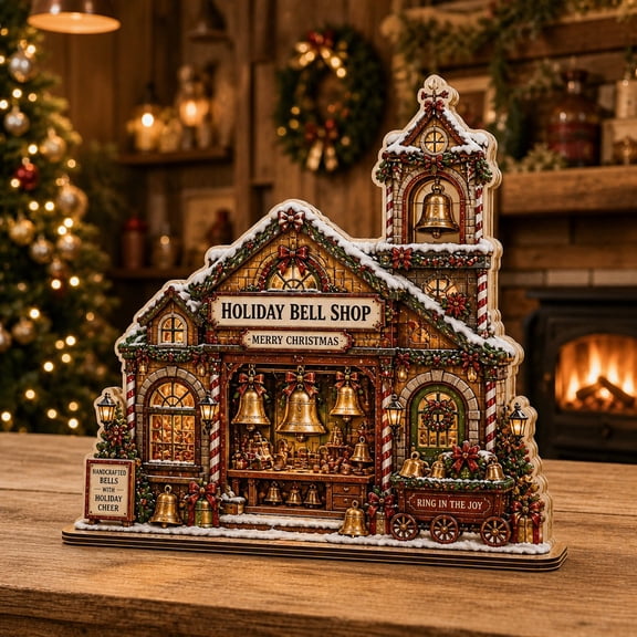 Christmas Wooden Block Decor Holiday Bell Shop Wood Tabletop Display for Christmas Gift