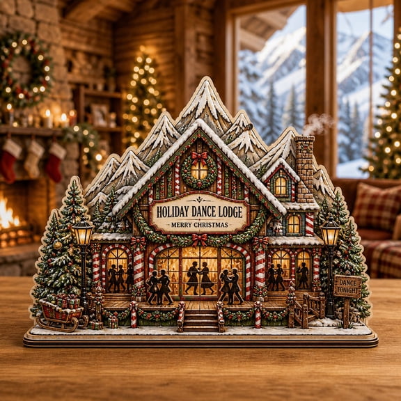 Christmas Wooden Block Decor Mountain Holiday Dance Lodge Wood Tabletop Display for Winter Hosting