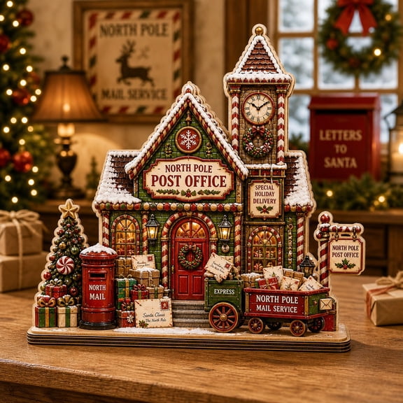 Christmas Wooden Block Decor North Pole Post Office Wood Tabletop Display Holiday Gift