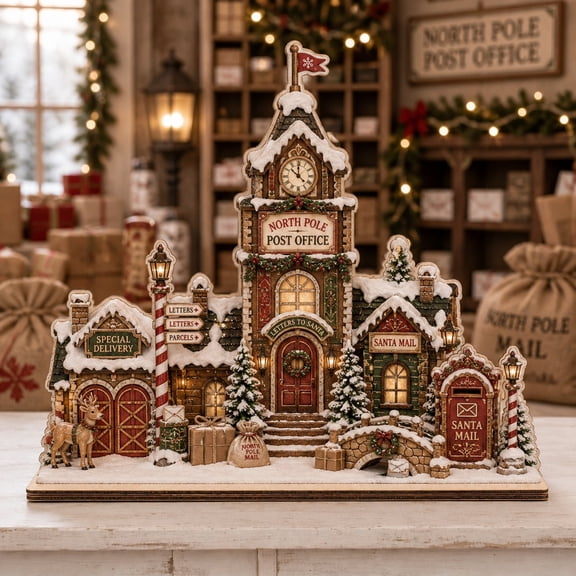 Christmas Wooden Block Decor North Pole Post Office Wood Tabletop Display for Holiday Mantel