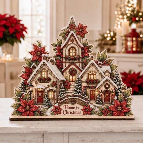Christmas Wooden Block Decor Poinsettia Holiday House Wood Tabletop Display for Holiday Gift Giving