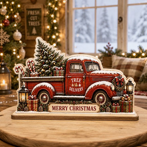 Christmas Wooden Block Decor Red Pickup Tree Delivery Wood Tabletop Display for Farmhouse Holiday Decor