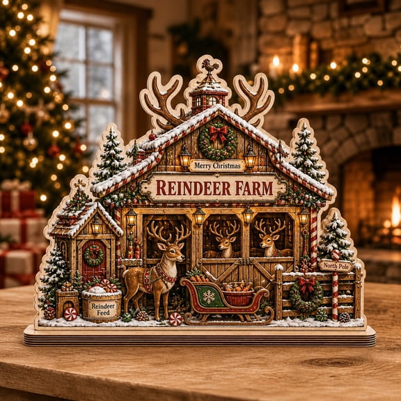 Christmas Wooden Block Decor Reindeer Farm Wood Tabletop Display for Holiday Mantel Decor