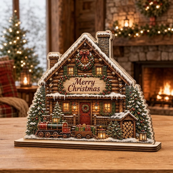 Christmas Wooden Block Decor Rustic Log Cabin Wooden Tabletop Display for Christmas Gift