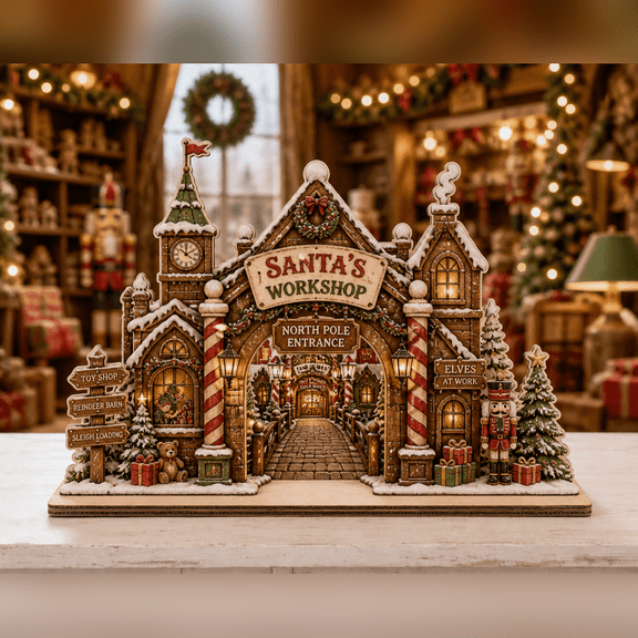 Christmas Wooden Block Decor Santa's Workshop Entrance Wood Tabletop Display for Holiday Mantel Shelf