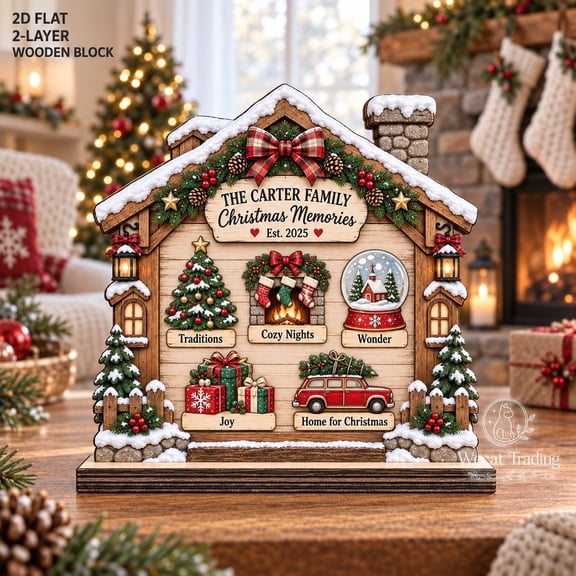 Christmas Wooden Block, Family Memories Cabin Scene, Layered Tabletop Display, Holiday Keepsake Gift