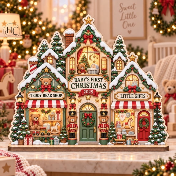 Christmas Wooden Block, First Holiday Teddy Bear Village Tabletop Display for New Parents