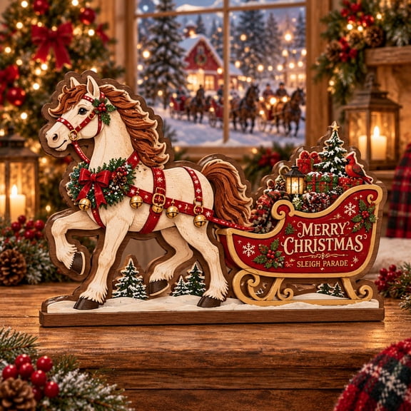 Christmas Wooden Block Gift, Horse Sleigh Parade Tabletop Display for Equestrian Fans