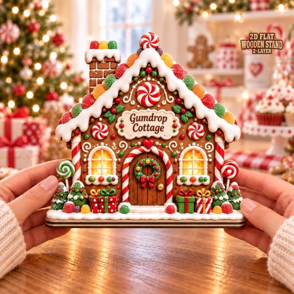 Christmas Wooden Block Gingerbread Gumdrop Cottage Wood Tabletop Display Holiday Gift