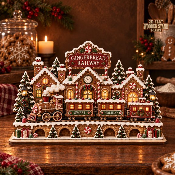 Christmas Wooden Block Gingerbread Railway Train 2 Layer Tabletop Gift for Holiday Hosts