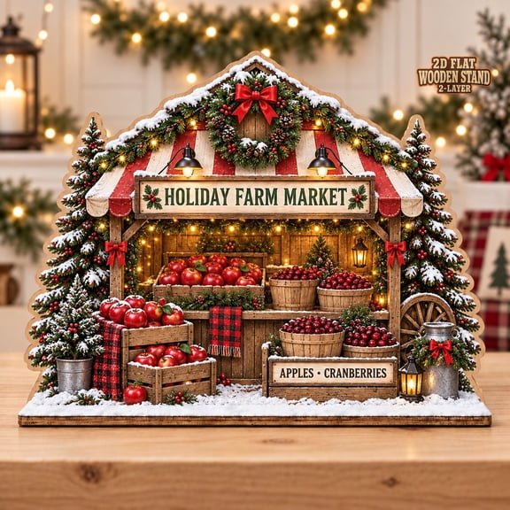 Christmas Wooden Block, Holiday Farm Market Apples and Cranberries Rustic Tabletop Display for Hostess Gifts