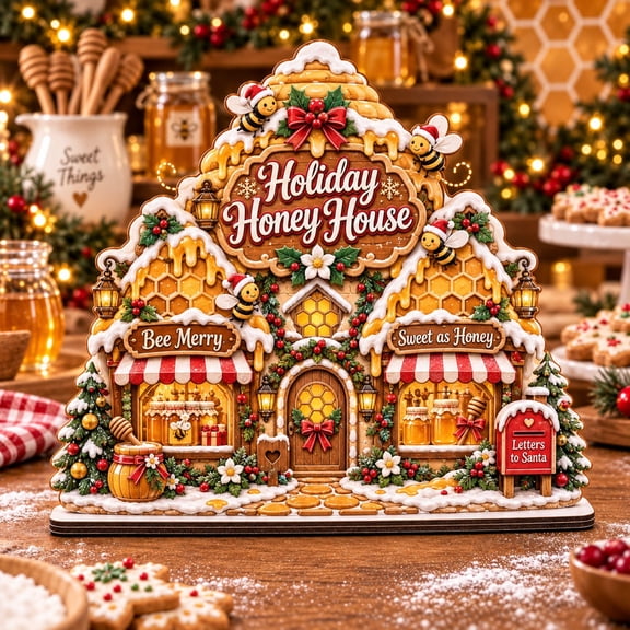 Christmas Wooden Block Holiday Honey House Bee Design for Tabletop Display, Hostess Gift