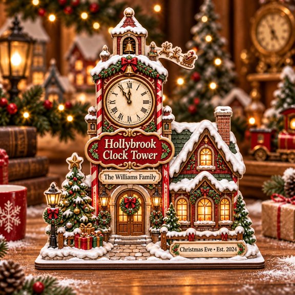 Christmas Wooden Block, Personalized Clock Tower House Tabletop Display, Holiday Gift for Family