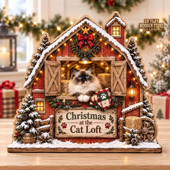 Christmas Wooden Block, Ragdoll Cat Barn Loft Tabletop Display for Feline Lovers