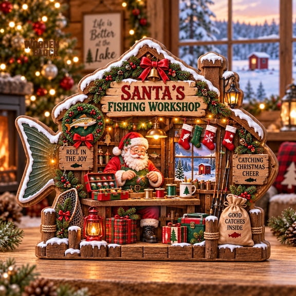 Christmas Wooden Block Santa Fishing Workshop Tabletop Display for Anglers