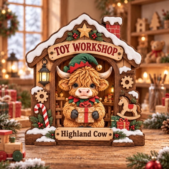 Christmas Wooden Block Santa’s Toy Workshop Highland Cow Tabletop Display for Holiday Decor