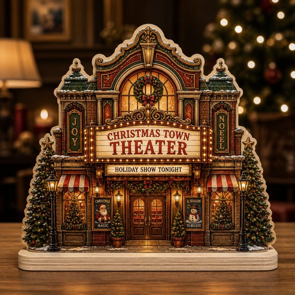 Christmas Wooden Block Vintage Theater Facade Wood Tabletop Display for Mantel Holiday Decorating