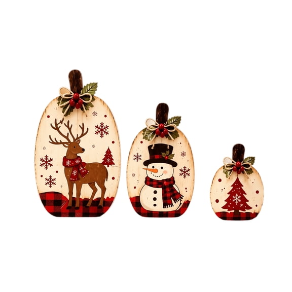 Christmas Wooden Decorations Set, 3-Piece Rustic Farmhouse Style with Reindeer, Snowman, and Tree Designs, Red and Black Buffalo Plaid, for Mantel and Tabletop Display