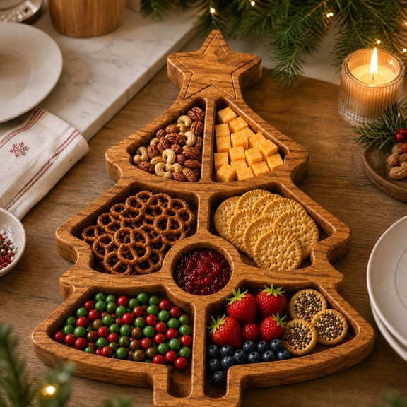 Christmas Wooden Divided Serving Tray, Christmas Charcuterie Board, Handcrafted Wooden Divided with Compartments for Fruit Nuts Candy Cookies